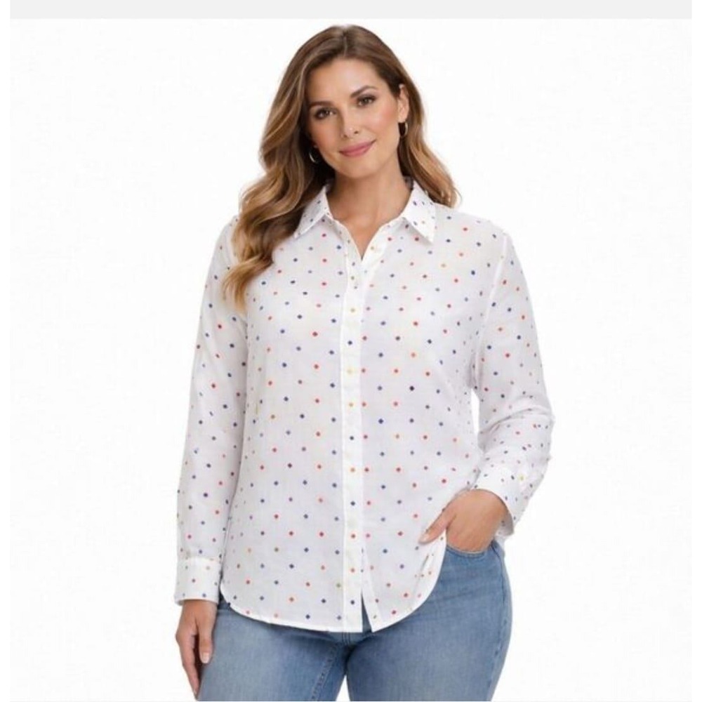 Talbots White Cotton Polka Dot Button Down Shirt Long Sleeve Plus Size 1X
